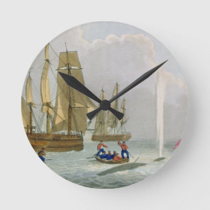Horloge Ronde Bateaux approchant une baleine, gravée par la