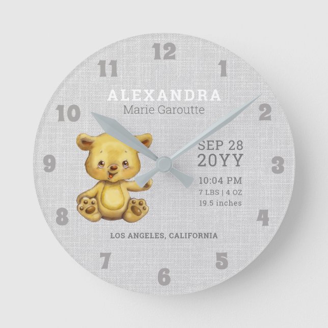 Horloge Ronde Bear Baby Birth Stats Nursery (Recto)
