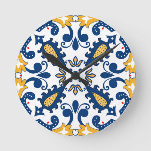 Horloge Ronde 💙 💛 Beaux Azulejos bleus et jaunes,