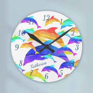 Horloge Ronde Beaux dauphins en arc-en-ciel avec prénom
