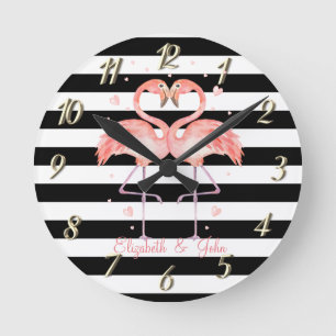 Horloge Ronde Beaux Flamants roses En Amour, Blancs Noirs