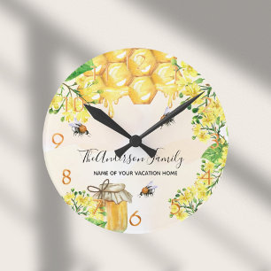 Horloge Ronde Bees honey yellow florals family monogram