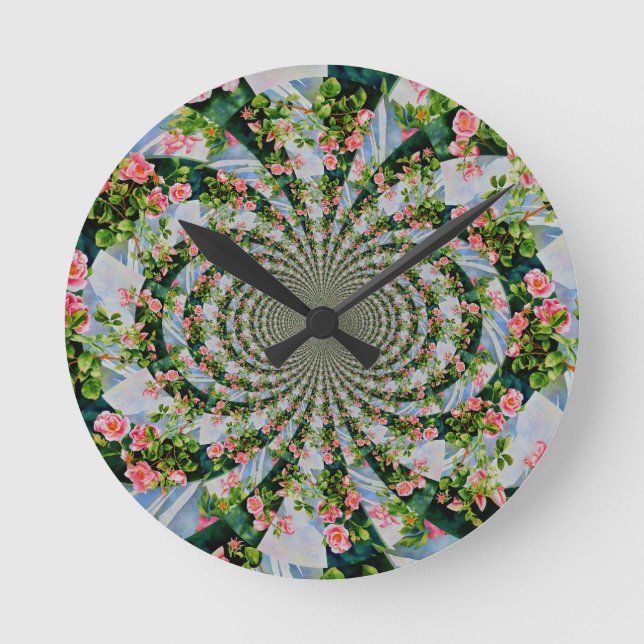Horloge Ronde Belle boho rose, roses rouges, aquarelle florale (Recto)