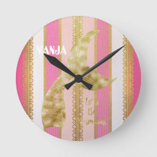Horloge Ronde Belle motif rose et sirène dorée