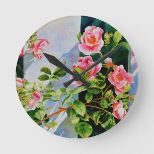 Horloge Ronde Belles roses roses roses, roses rouges, aquarelle 
