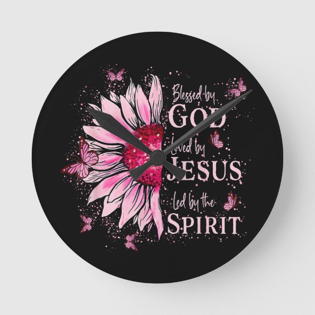 Horloge Ronde Béni Par Dieu - Aimé Par Jésus Tournesol Rose (Recto)