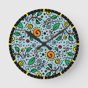 Horloge Ronde Berry Motif à fleurs orange Swirl Turquoise -
