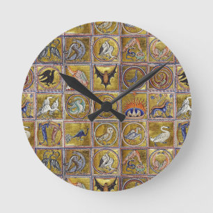 HORLOGE RONDE BESTIAIRE MÉDIÉVAL, ANIMAUX FANTASTIQUES, ROUGE 