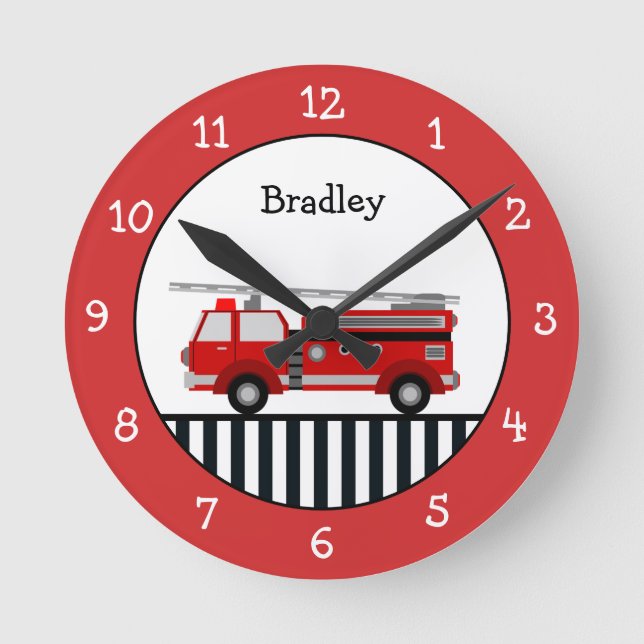 Horloge Ronde Black and Red Fire Truck Personalized Round C (Recto)