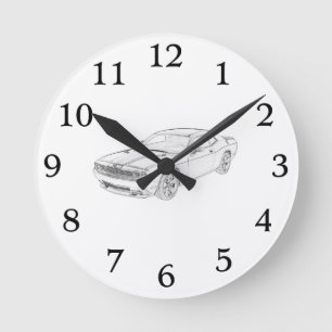 Horloge Ronde Black and White Dodge Challenger Illustration