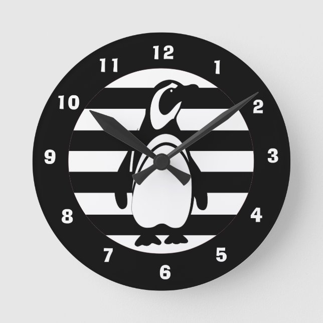 Horloge Ronde Black and White Penguin and Stripes (Recto)