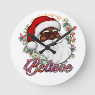 Horloge Ronde Black Père Noël Believe Melanin Man Christmas Chev