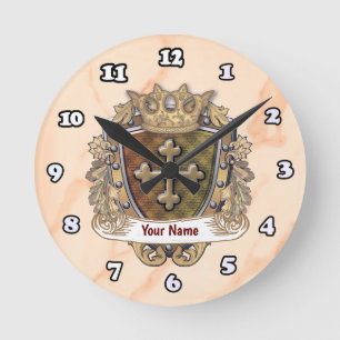 Horloge Ronde Blason de Famille Couronne Bouclier Nom de Famille