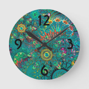 Horloge Ronde Bleu Bohême Bohême Hippie Motif Rétro