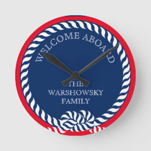 Horloge Ronde Bleu Marine Bleu Rouge Monogramme Nautique Bande