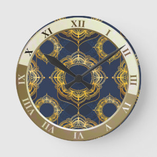 Horloge Ronde Bleu marine ou violet avec Mandalas or