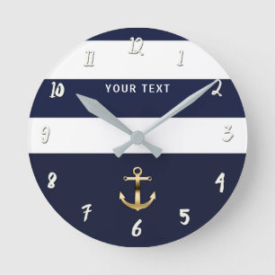 Horloge Ronde Bleu Nautique et Rayures Blanches Ancre Dorée