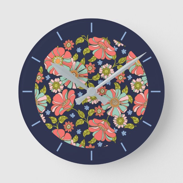 Horloge Ronde Bleu Retro les années 70 motif floral (Recto)