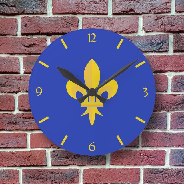Horloge Ronde Bleu Roi avec Fleur de Lys Or (Fleur de Lis on Royal Blue Clock)