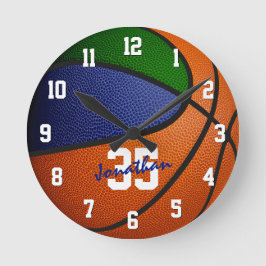 Horloge Ronde bleu vert garçons filles basketball personnalisé