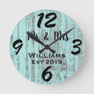 Horloge Ronde Bleu Vieilli Bois Personnalisé Rustique en Distres