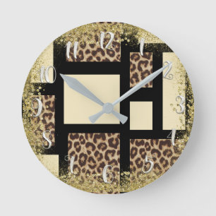 Horloge Ronde Bloc de couleur crème ivoire noir et léopard guépa