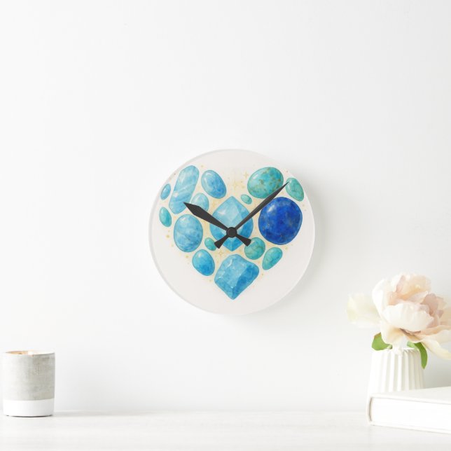 Horloge Ronde Blue Heart Gemstone Wall Clock – Elegant Spiritual (Maison)