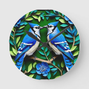 Horloge Ronde Blue Jay Birds Papier Art