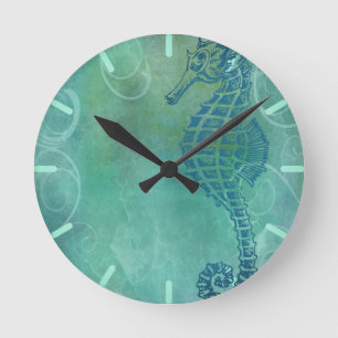 Horloge Ronde Blue Waters, Seahorse et Flourish