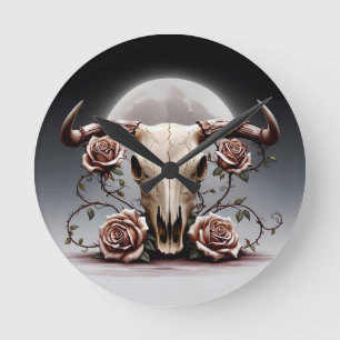Horloge Ronde Boho Chic Aquarelle Romantique Floral Vache Crâne