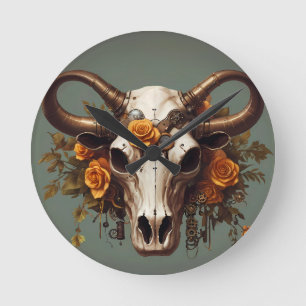 Horloge Ronde Boho Chic Aquarelle Steampunk Floral Vache Crâne