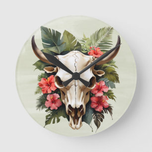 Horloge Ronde Boho Chic Aquarelle Tropicale Floral Vache Crâne
