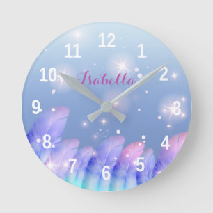 Horloge Ronde Boho Pastel Plumes violettes rose Étincelles Perso