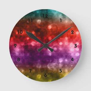 Horloge Ronde Bokeh design turquoise, rouge, violet et chartreus