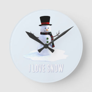 Horloge Ronde Bonhomme de neige avec chapeau et écharpe. J'aime