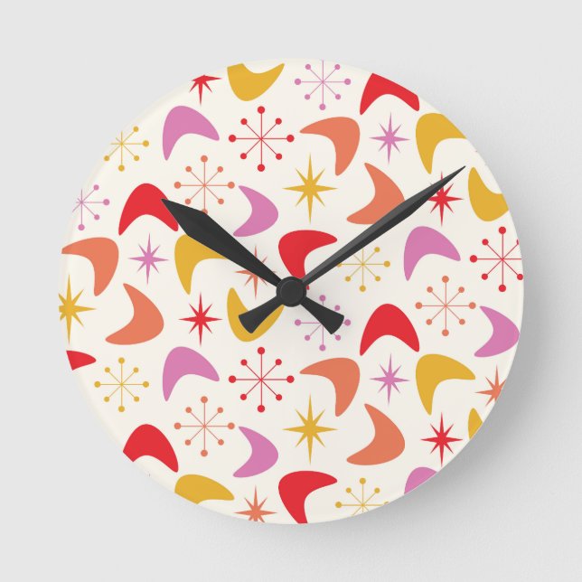 Horloge Ronde Boomerang du milieu du siècle avec Starbursts colo (Recto)