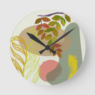 Horloge Ronde Botanique Boho jaune vert