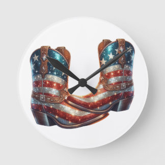 Horloge Ronde Bottes de cow-boy Drapeau Américain Bling