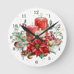 Horloge Ronde Bougies de Pillar, Poinsettia et Botaniques de Noë
