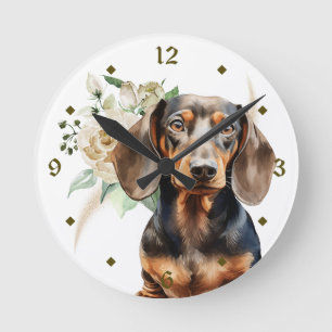 Horloge Ronde Bouquet de Rose blanche Dachshund Chien