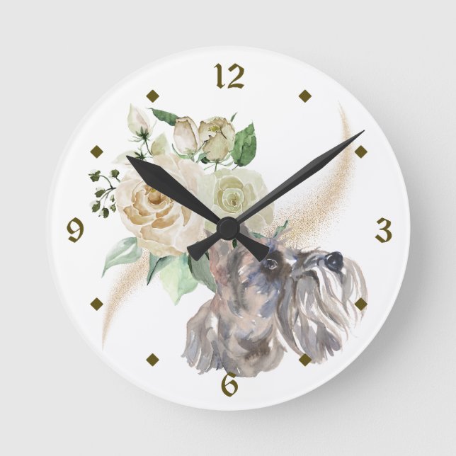 Horloge Ronde Bouquet de rose blanche Schnauzer Chien (Recto)