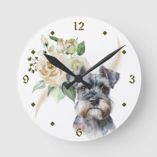 Horloge Ronde Bouquet de rose blanche Schnauzer Chien