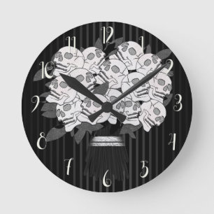Horloge Ronde Bouquet de roses de crâne Noir & Blanc