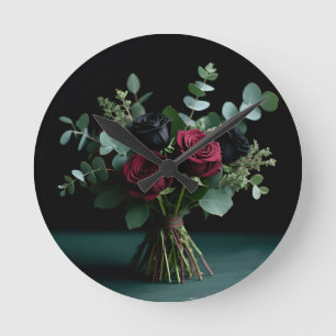 Horloge Ronde Bouquet de roses noires rouge foncé Élégance
