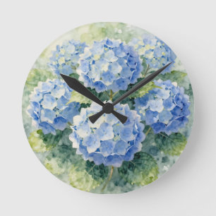 Horloge Ronde Bouquet d'hortensia bleu à l'aquarelle