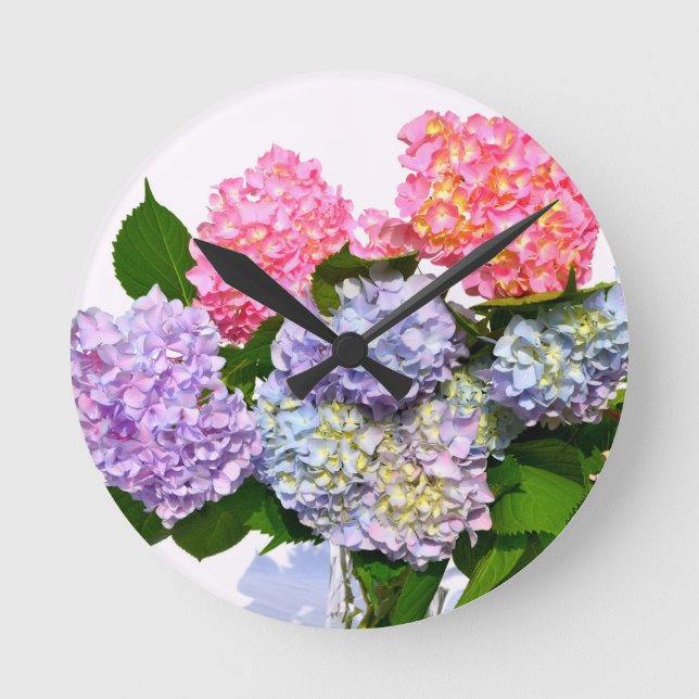 Horloge Ronde Bouquet d'hortensia bleu rose violet élégant (Recto)