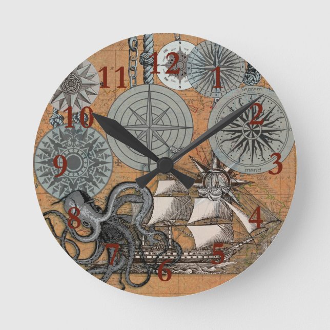 Horloge Ronde Boussole Rose Vintage Nautique Octopus Ship (Recto)