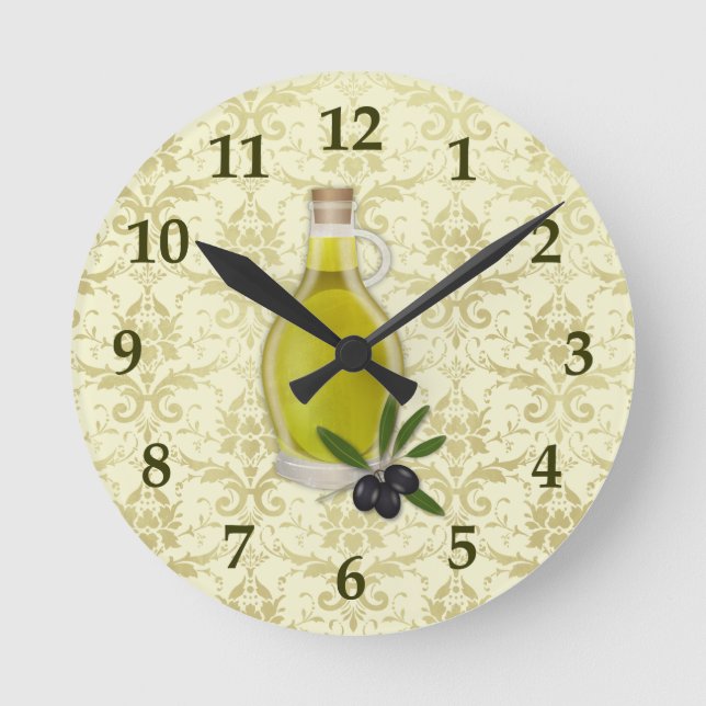 Horloge Ronde Bouteille d'huile d'olive et modèle de Damas (Recto)