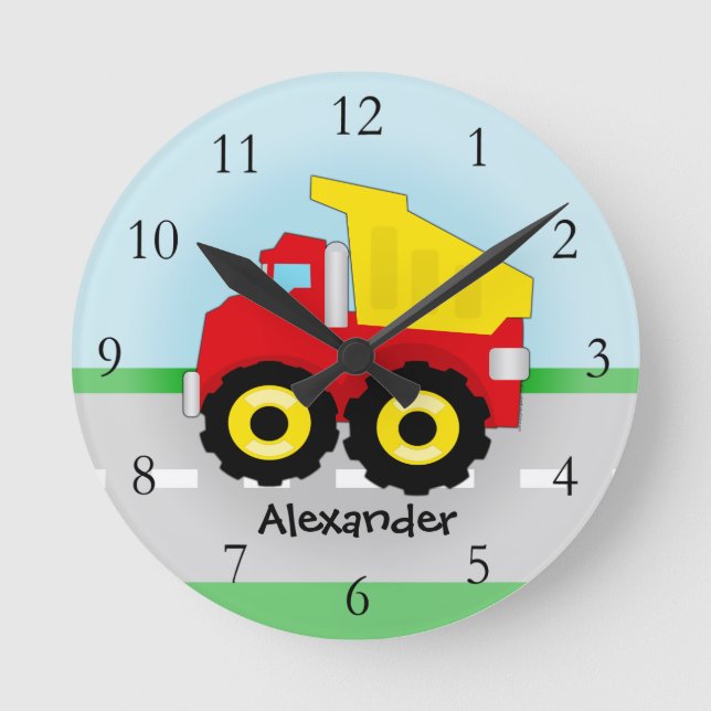 Horloge Ronde Boys jaunes/rouges Construction de camions à benne (Recto)