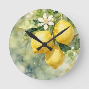 Horloge Ronde Branche de citron à l'aquarelle Botanique Été